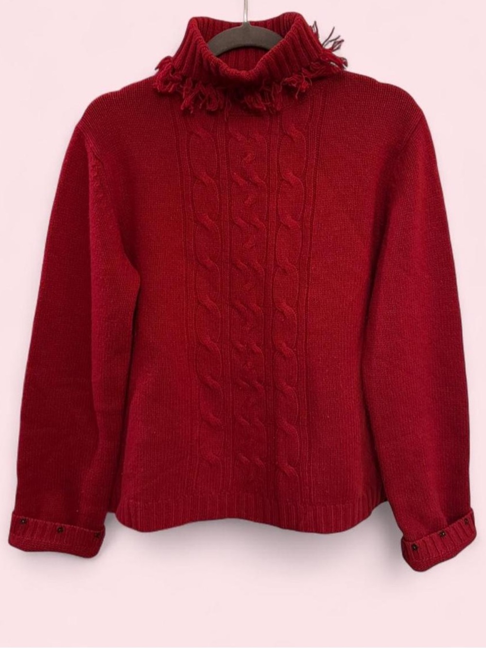 J. Peterman Red Cable-Knit Fringe Turtleneck Sweater 100% Lambswool